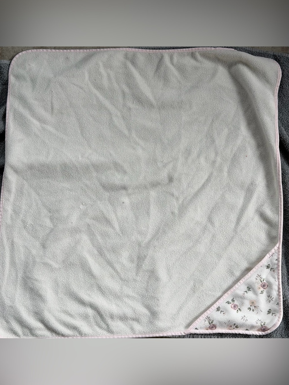 Light Gray Baby Blanket with Pink Trim and Floral Corner